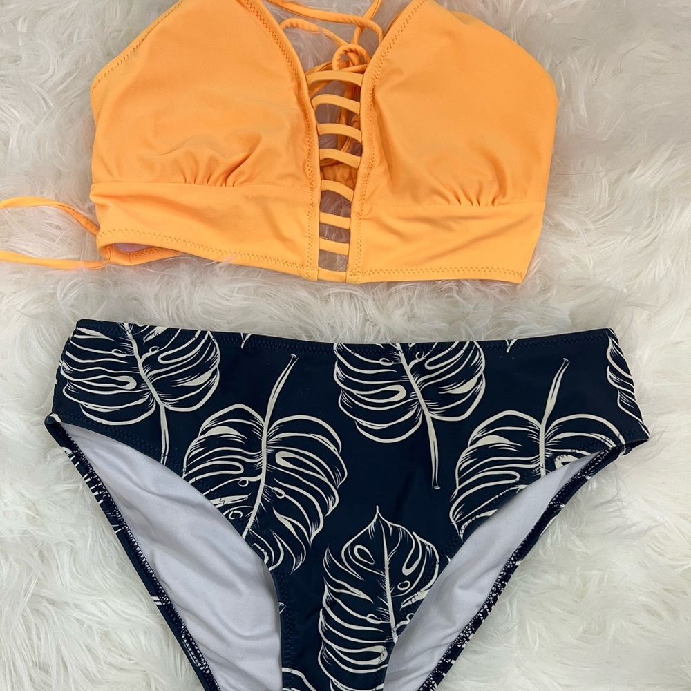 Yellow and blue tropical bikini set.